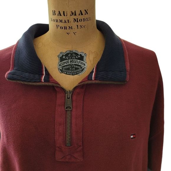 VINTAGE TOMMY HILFIGER 1/4 Zip Up Collared Pullover Sweater XXL Maroon - Picture 2 of 3